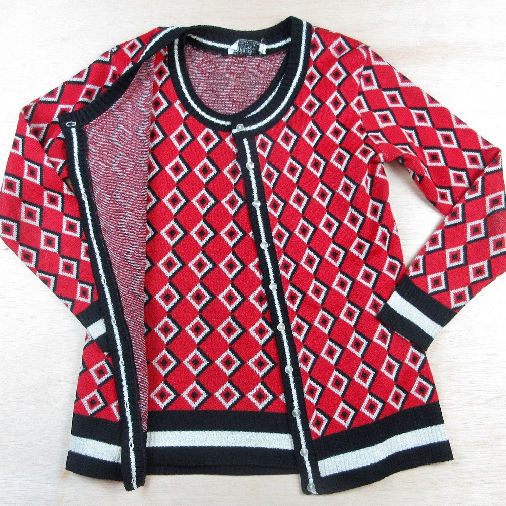 VTG Mid Century 1950's 1960's Mod Graphic Twinset Sweater, Sz S Small